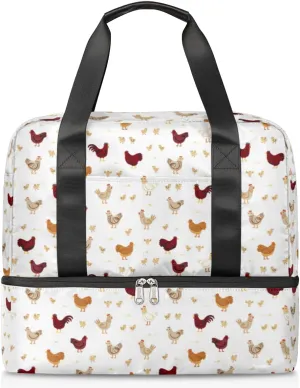 Farmhouse Rooster Chicken Travel Bag Double Tier Zip Closure Weekender Bag with Leather Handle Waterproof Sports Tote Gym Bag for Swim Beach Gym Yoga