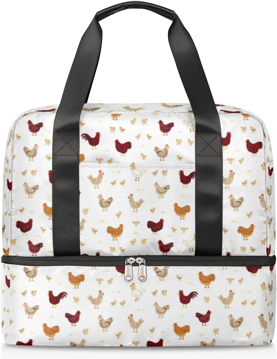 Farmhouse Rooster Chicken Travel Bag Double Tier Zip Closure Weekender Bag with Leather Handle Waterproof Sports Tote Gym Bag for Swim Beach Gym Yoga
