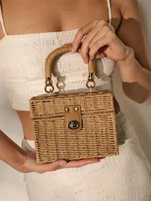 Fawn Rattan Box Crossbody Bag in Tan