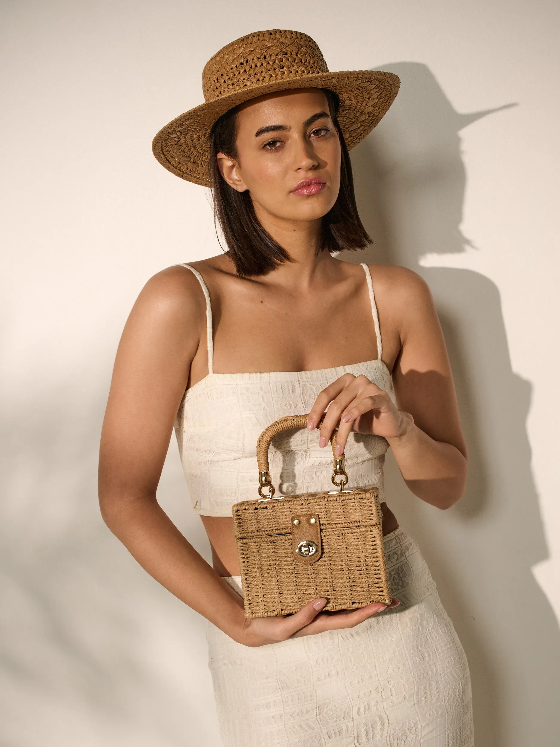 Fawn Rattan Box Crossbody Bag in Tan