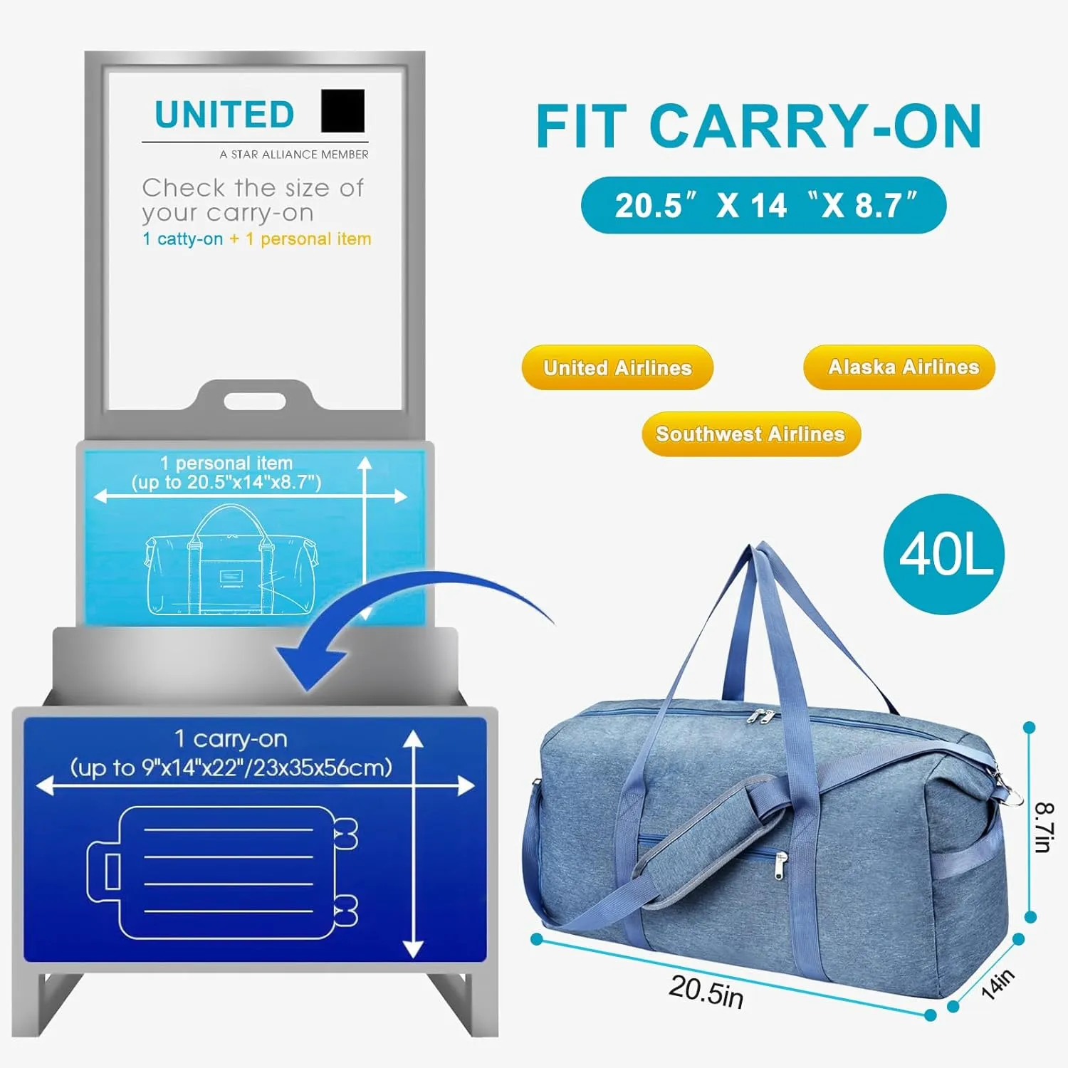 Felipe Varela Carry on luaggage 22x14x9 Airlines Approved, Foldable Carry on Bag Travel Duffel Bags Small Overnight weekender Gym Duffle Bag with Wet Pocket for Women Men (Blue, 40L)