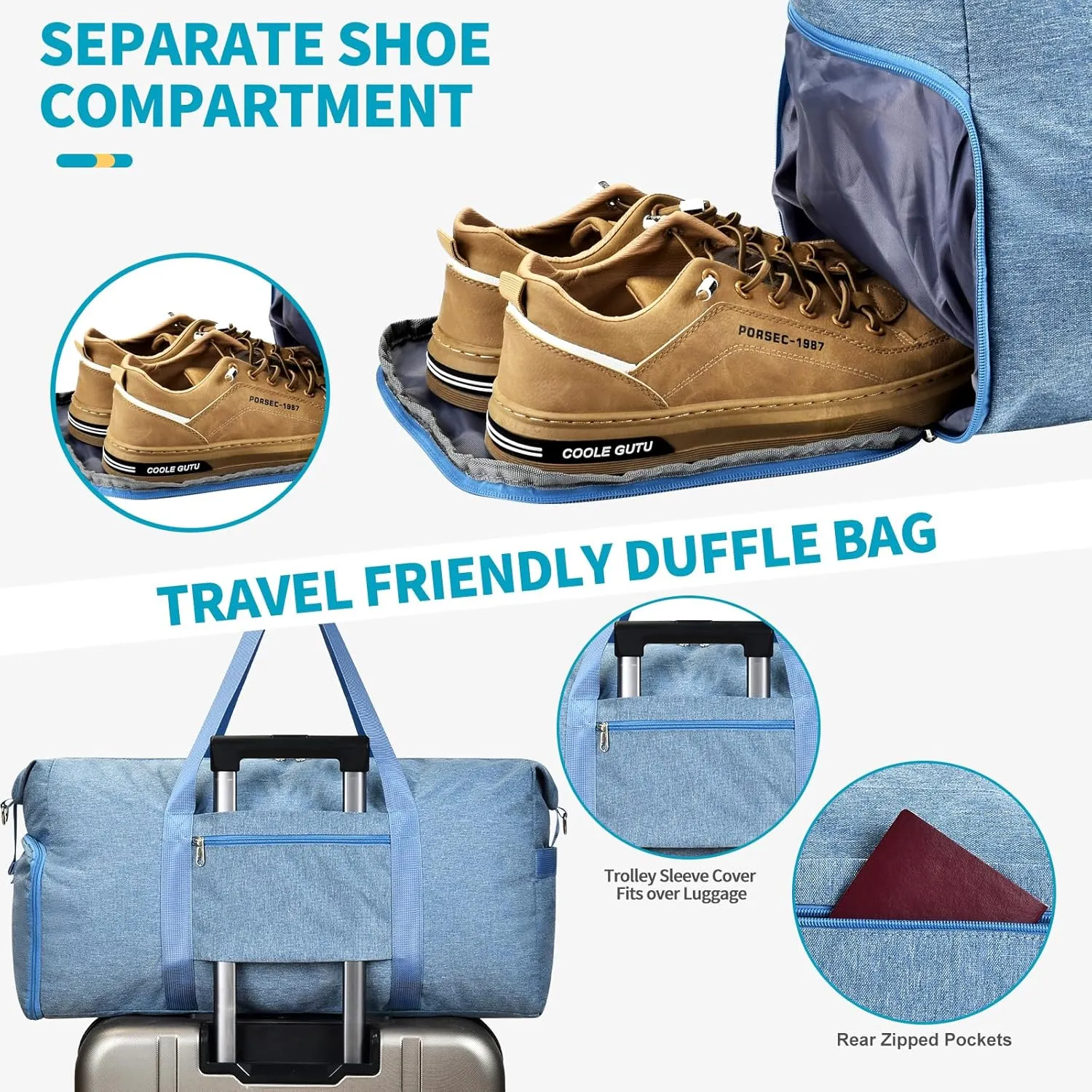 Felipe Varela Carry on luaggage 22x14x9 Airlines Approved, Foldable Carry on Bag Travel Duffel Bags Small Overnight weekender Gym Duffle Bag with Wet Pocket for Women Men (Blue, 40L)