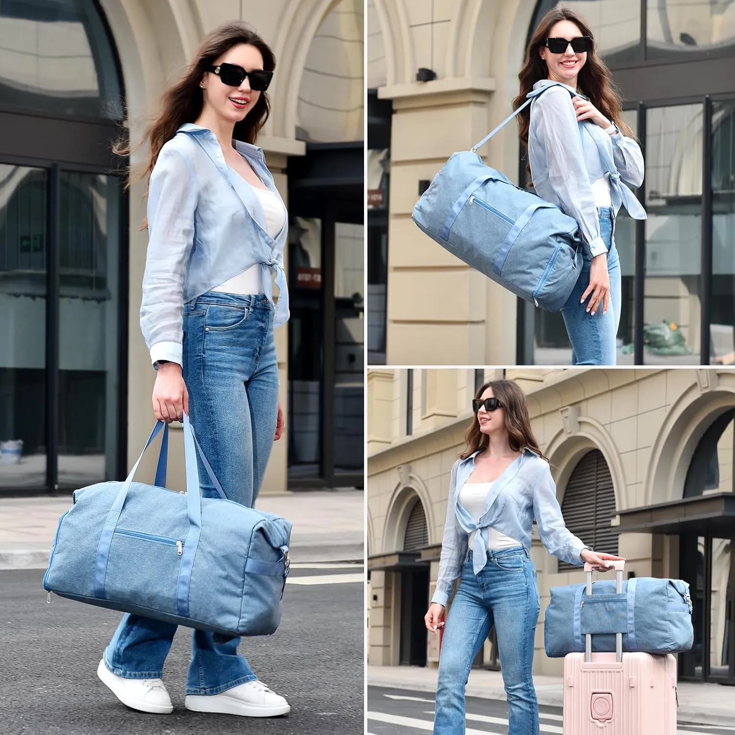 Felipe Varela Carry on luaggage 22x14x9 Airlines Approved, Foldable Carry on Bag Travel Duffel Bags Small Overnight weekender Gym Duffle Bag with Wet Pocket for Women Men (Blue, 40L)
