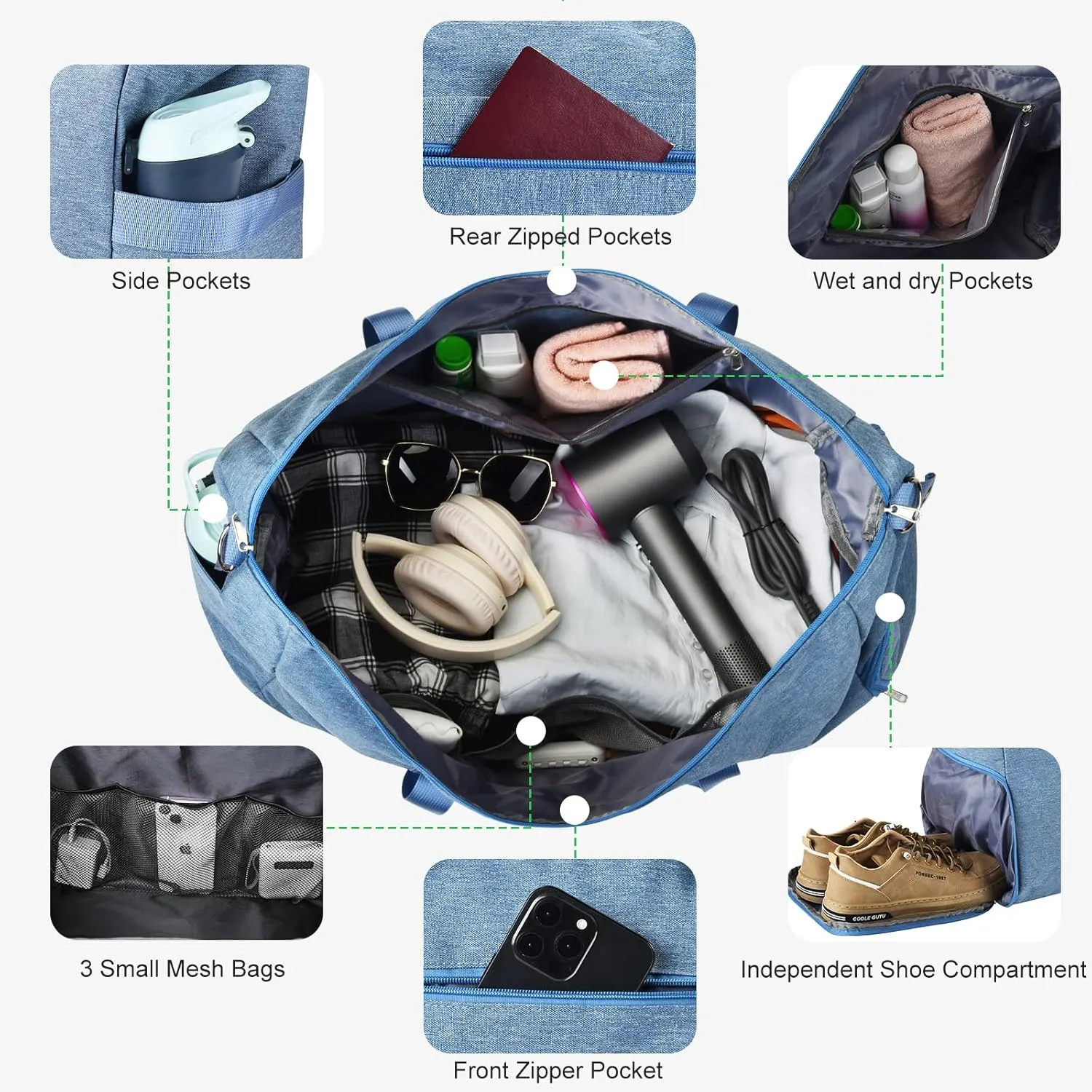 Felipe Varela Carry on luaggage 22x14x9 Airlines Approved, Foldable Carry on Bag Travel Duffel Bags Small Overnight weekender Gym Duffle Bag with Wet Pocket for Women Men (Blue, 40L)