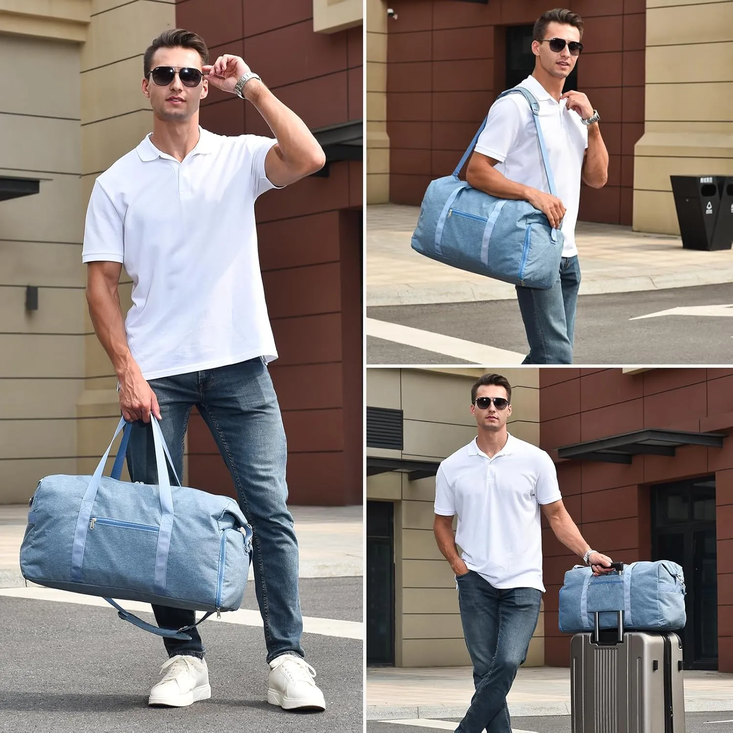 Felipe Varela Carry on luaggage 22x14x9 Airlines Approved, Foldable Carry on Bag Travel Duffel Bags Small Overnight weekender Gym Duffle Bag with Wet Pocket for Women Men (Blue, 40L)