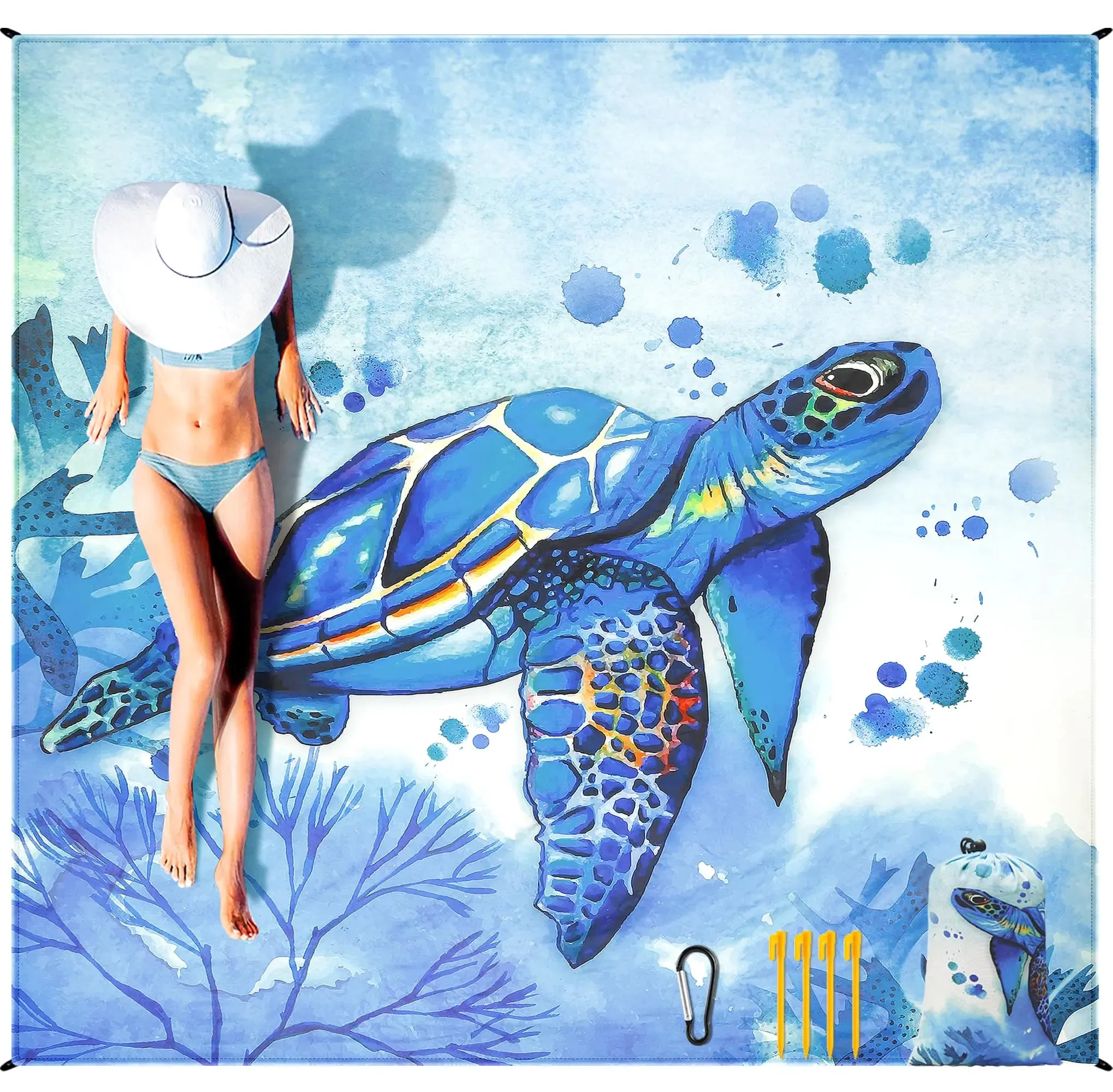 FestivalPicnicTravel Corner Outdoor and HIHOHO Beach (BL-Seaturtle Camping Person)) Blanket Private sale Free 79"×83"(4 Beach Sand Portable Mat Activties Great value Pockets Bag with Sandproof Beach for Wateresistant