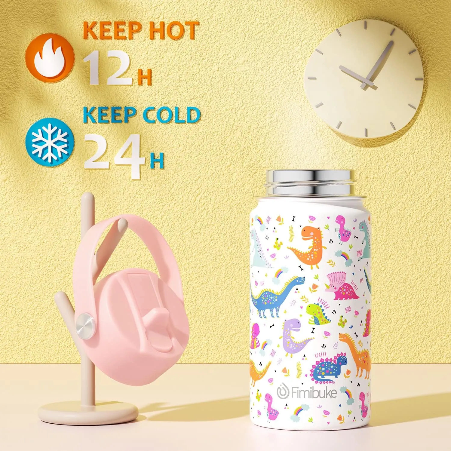 Fimibuke Kids Insulated Water Bottle, 14oz BPA FREE 18/8 Stainless Steel Travel Tumbler Double Wall Vacuum Leak Proof Kids Cup with Straw Metal Bottle for School Boys Girls(1 Pack, WHITE DINOSAUR)
