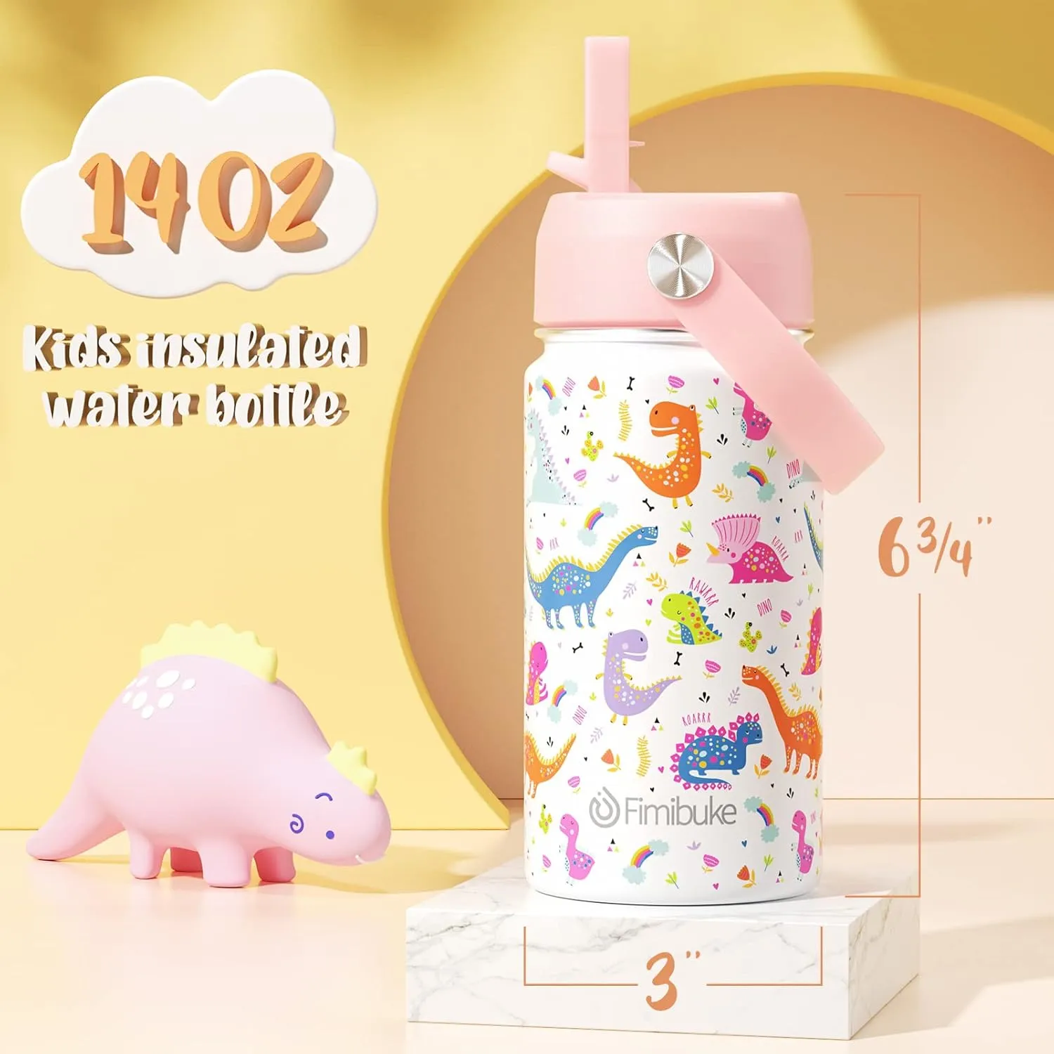 Fimibuke Kids Insulated Water Bottle, 14oz BPA FREE 18/8 Stainless Steel Travel Tumbler Double Wall Vacuum Leak Proof Kids Cup with Straw Metal Bottle for School Boys Girls(1 Pack, WHITE DINOSAUR)
