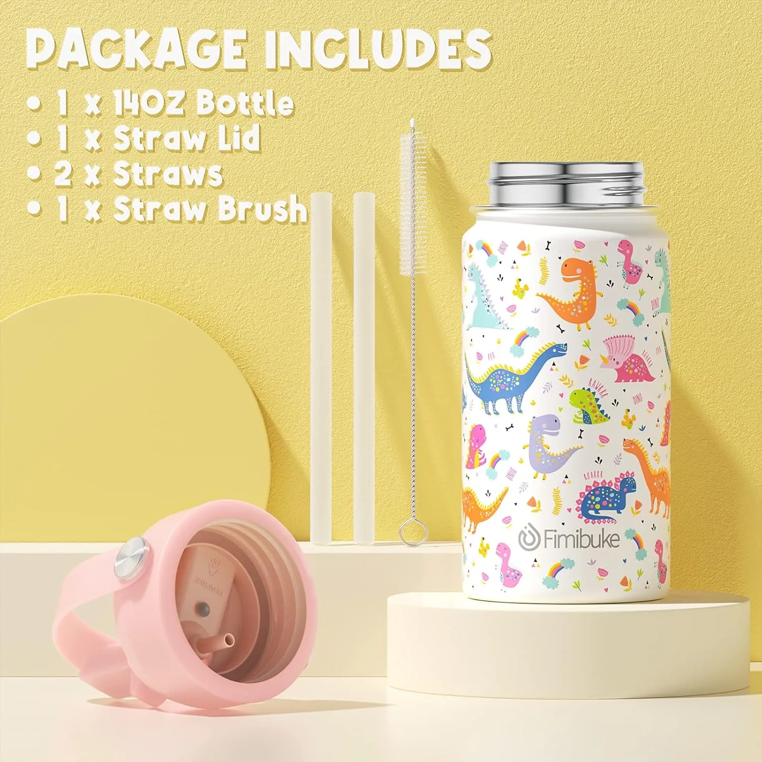 Fimibuke Kids Insulated Water Bottle, 14oz BPA FREE 18/8 Stainless Steel Travel Tumbler Double Wall Vacuum Leak Proof Kids Cup with Straw Metal Bottle for School Boys Girls(1 Pack, WHITE DINOSAUR)