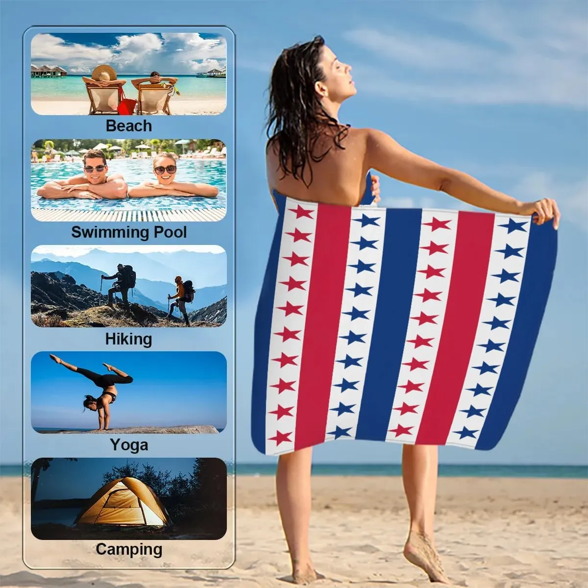 Flag Pattern Beach Towel for Women Men Kids 61"x31" Lightweight Microfiber Beach Towels Sand Free Quick Dry Soft Beach Blanket Pool Yoga Gym Travel Swimming Bath Shower Towel Essentials Accessories