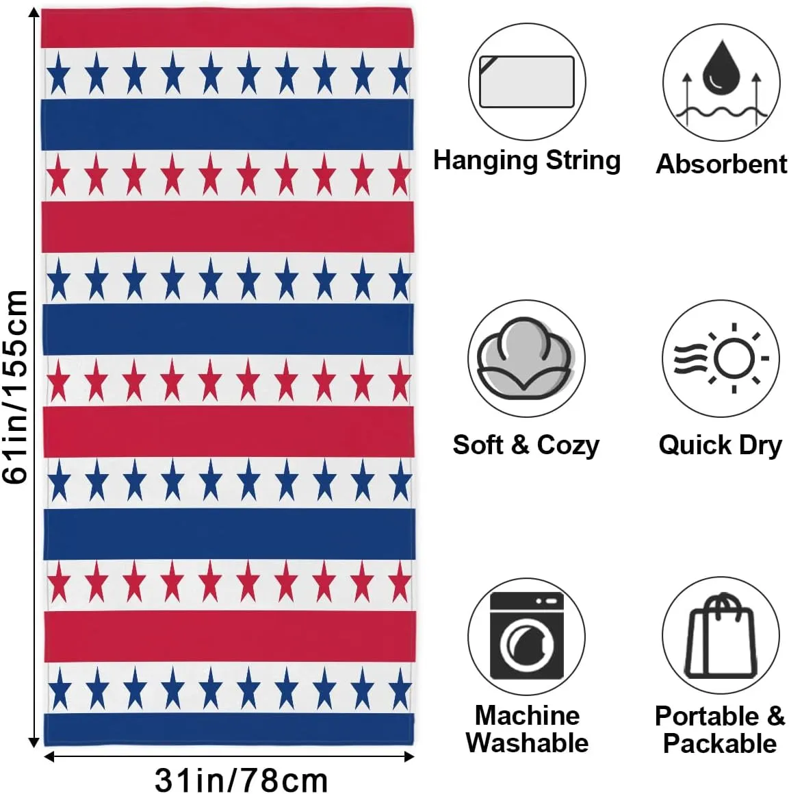 Flag Pattern Beach Towel for Women Men Kids 61"x31" Lightweight Microfiber Beach Towels Sand Free Quick Dry Soft Beach Blanket Pool Yoga Gym Travel Swimming Bath Shower Towel Essentials Accessories
