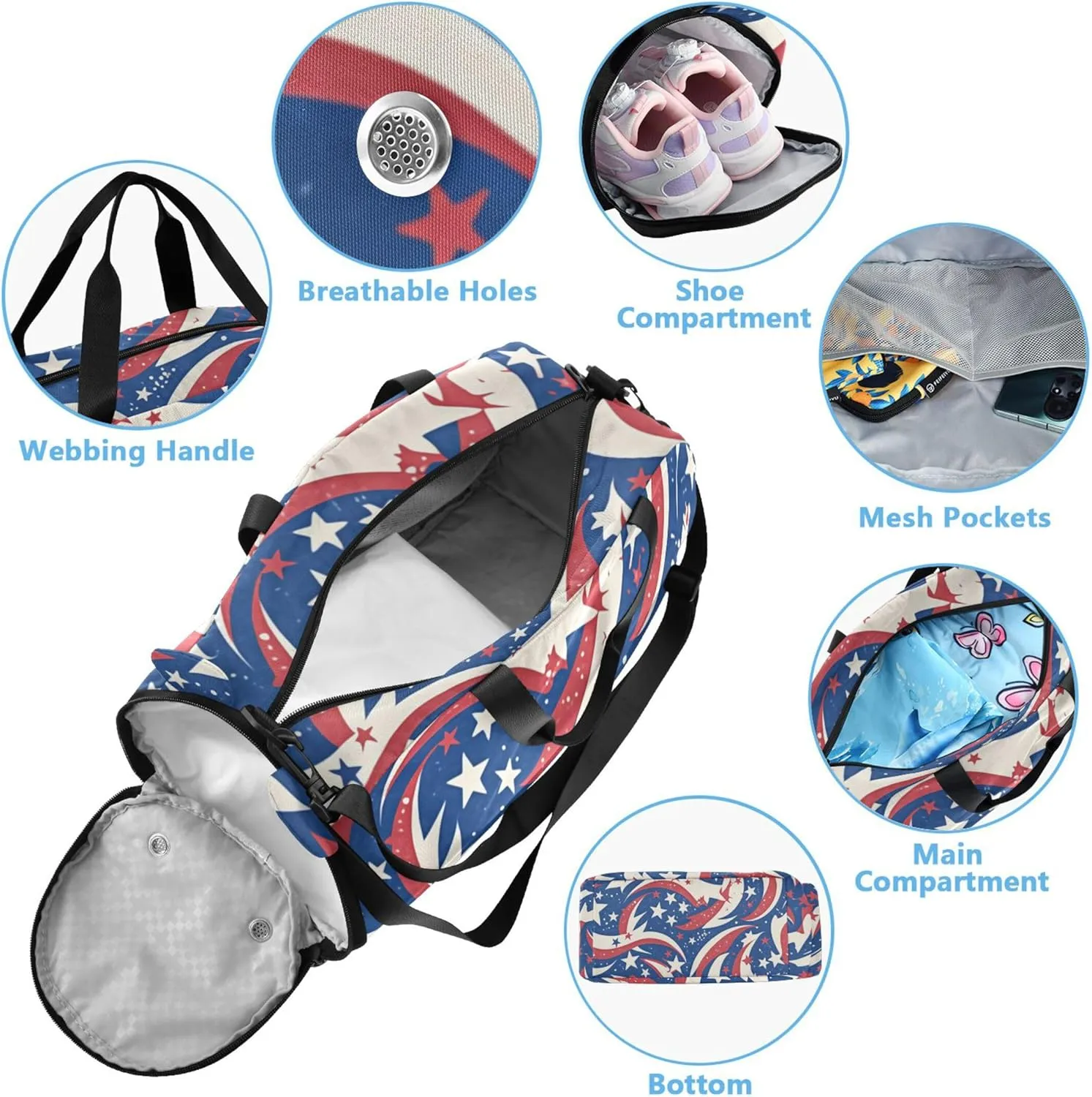 Flag with Stars Stripes Blue Kids Cute Gym Bag with Shoes Compartment Large Capacity Weekender Overnight Range Bag for Travel, Sports, Fitness & Workout