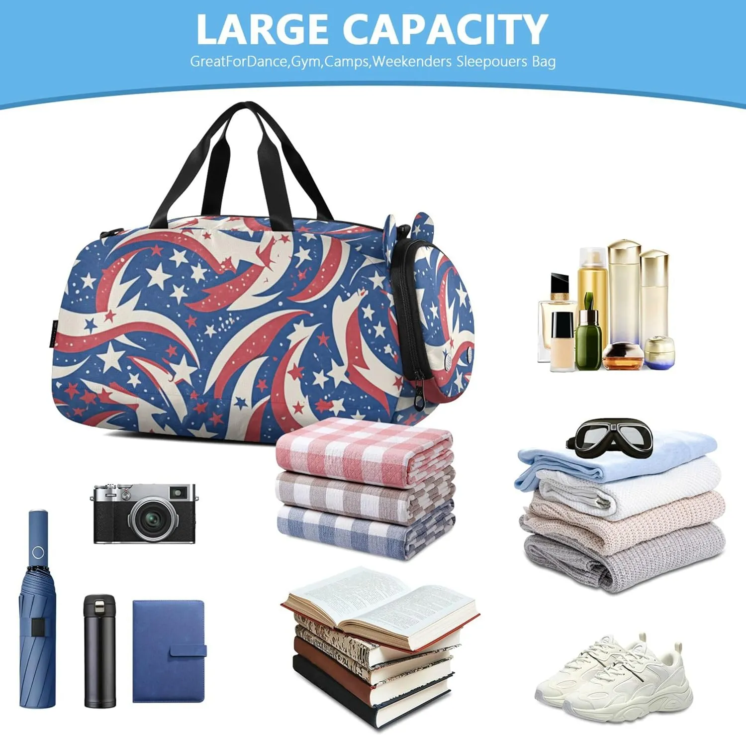 Flag with Stars Stripes Blue Kids Cute Gym Bag with Shoes Compartment Large Capacity Weekender Overnight Range Bag for Travel, Sports, Fitness & Workout
