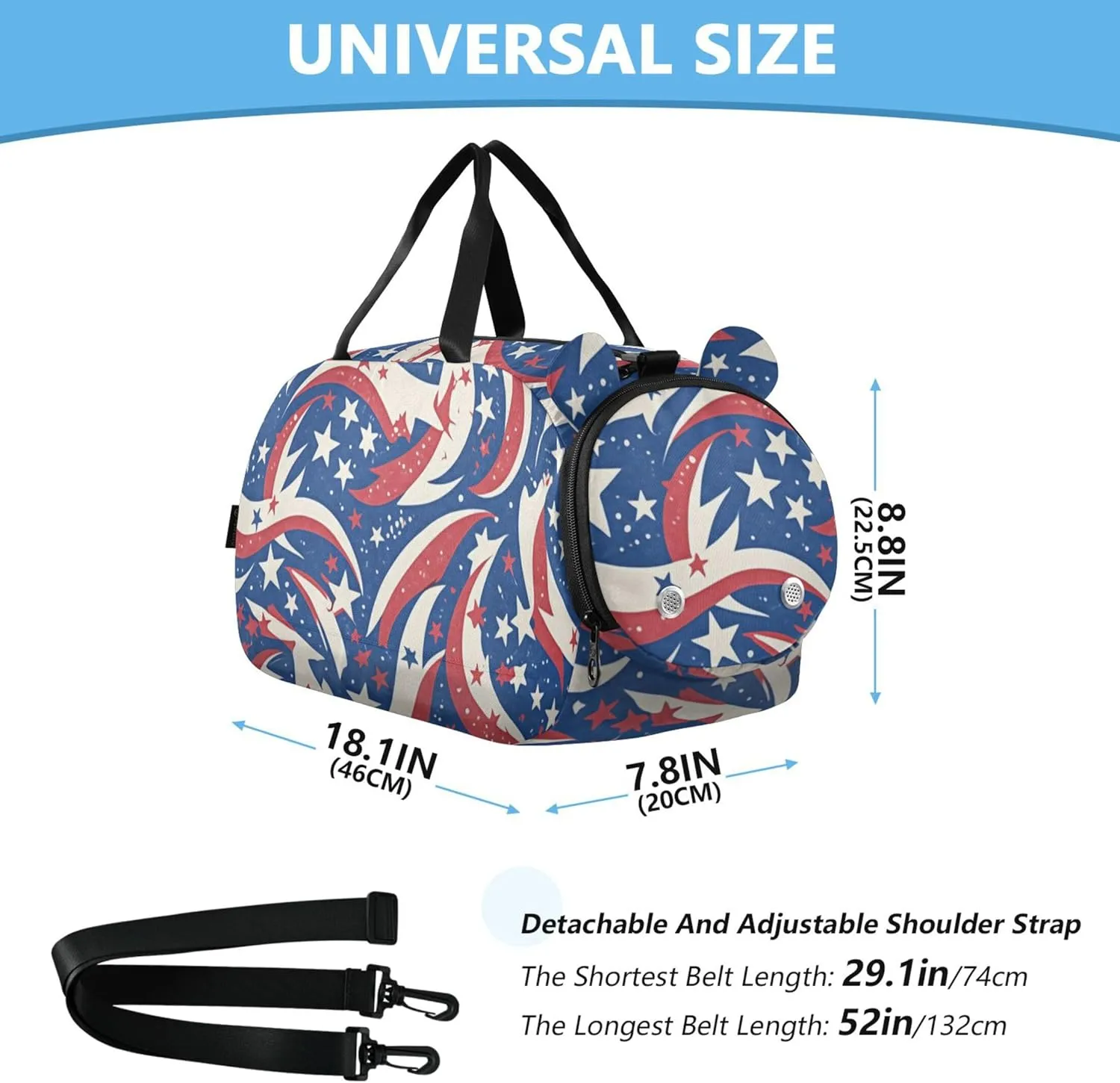 Flag with Stars Stripes Blue Kids Cute Gym Bag with Shoes Compartment Large Capacity Weekender Overnight Range Bag for Travel, Sports, Fitness & Workout