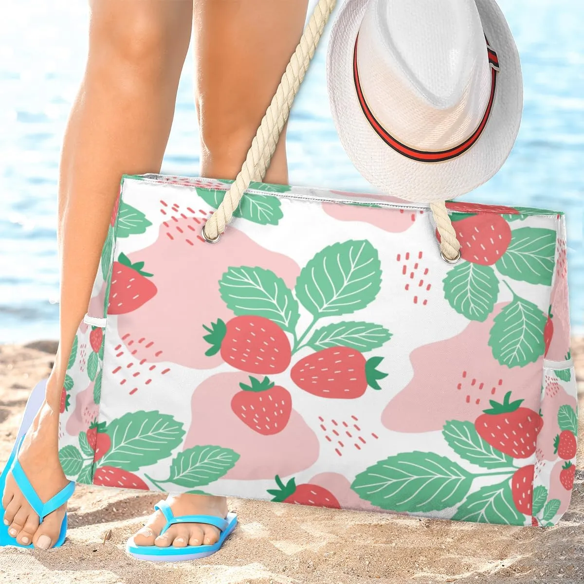 Flamingo Flowers Beach Bags for Women Large Beach Tote with Zipper Waterproof Travel Sandproof Shoulder Pool Bag