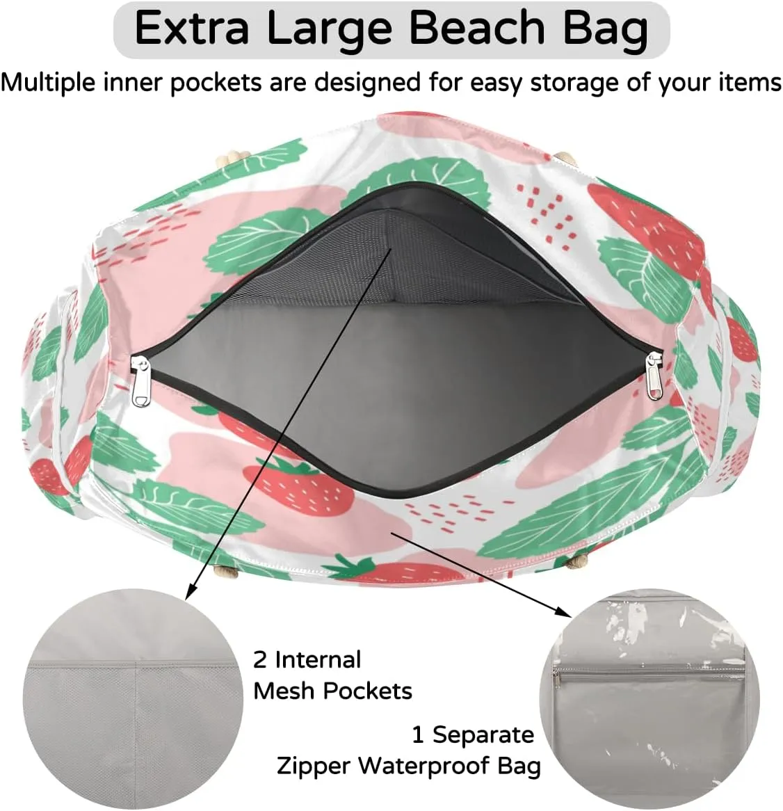 Flamingo Flowers Beach Bags for Women Large Beach Tote with Zipper Waterproof Travel Sandproof Shoulder Pool Bag