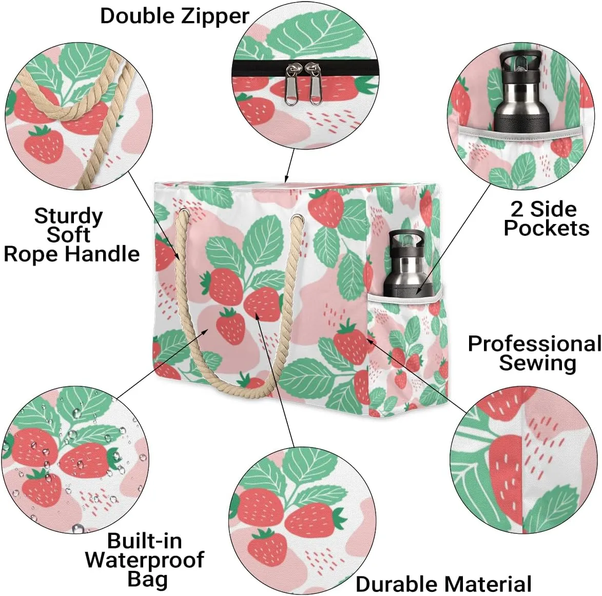 Flamingo Flowers Beach Bags for Women Large Beach Tote with Zipper Waterproof Travel Sandproof Shoulder Pool Bag