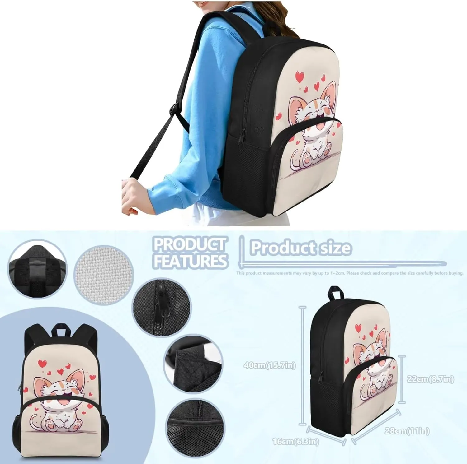 Flashideas Cartoon Cat Kids Backpack Set 4Pcs Kids Backpack with Lunch Box Pencil Case and Water Bottle Case Cover School Backpack Lightweight Backpack for Toddler Girls Kindergarten Elementary
