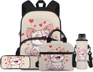 Flashideas Cartoon Cat Kids Backpack Set 4Pcs Kids Backpack with Lunch Box Pencil Case and Water Bottle Case Cover School Backpack Lightweight Backpack for Toddler Girls Kindergarten Elementary