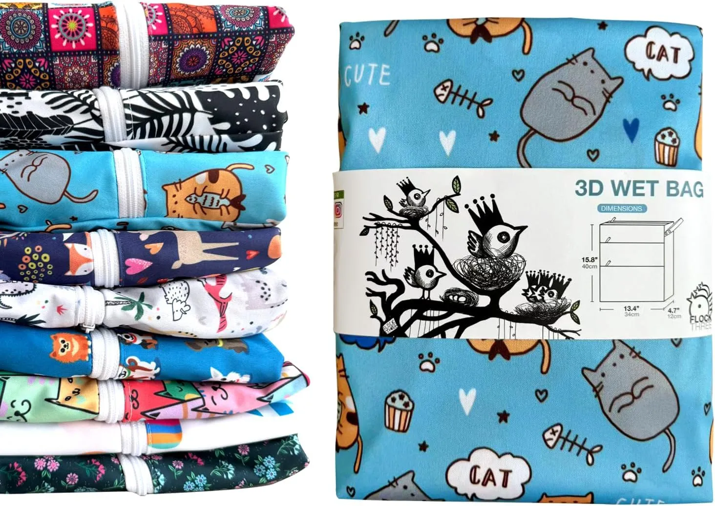 FLOCK THREE 3D Waterproof and Washable Wet Bag Luggage Organiser for Travel storage Stroller Daycare Baby Diapers Yoga Beach Pool Swimsuits Luggage Packing for Travel Accessories (Cute Cats)