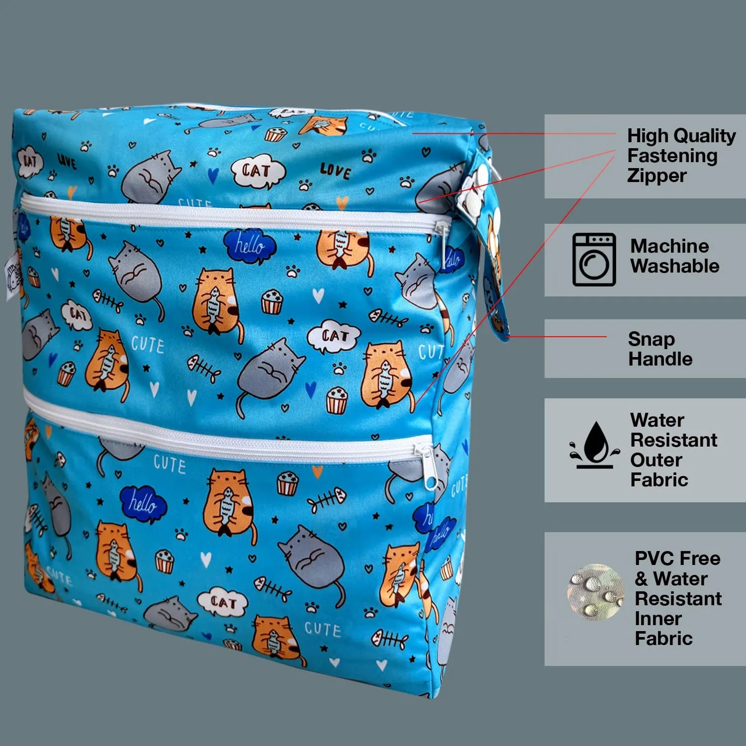 FLOCK THREE 3D Waterproof and Washable Wet Bag Luggage Organiser for Travel storage Stroller Daycare Baby Diapers Yoga Beach Pool Swimsuits Luggage Packing for Travel Accessories (Cute Cats)