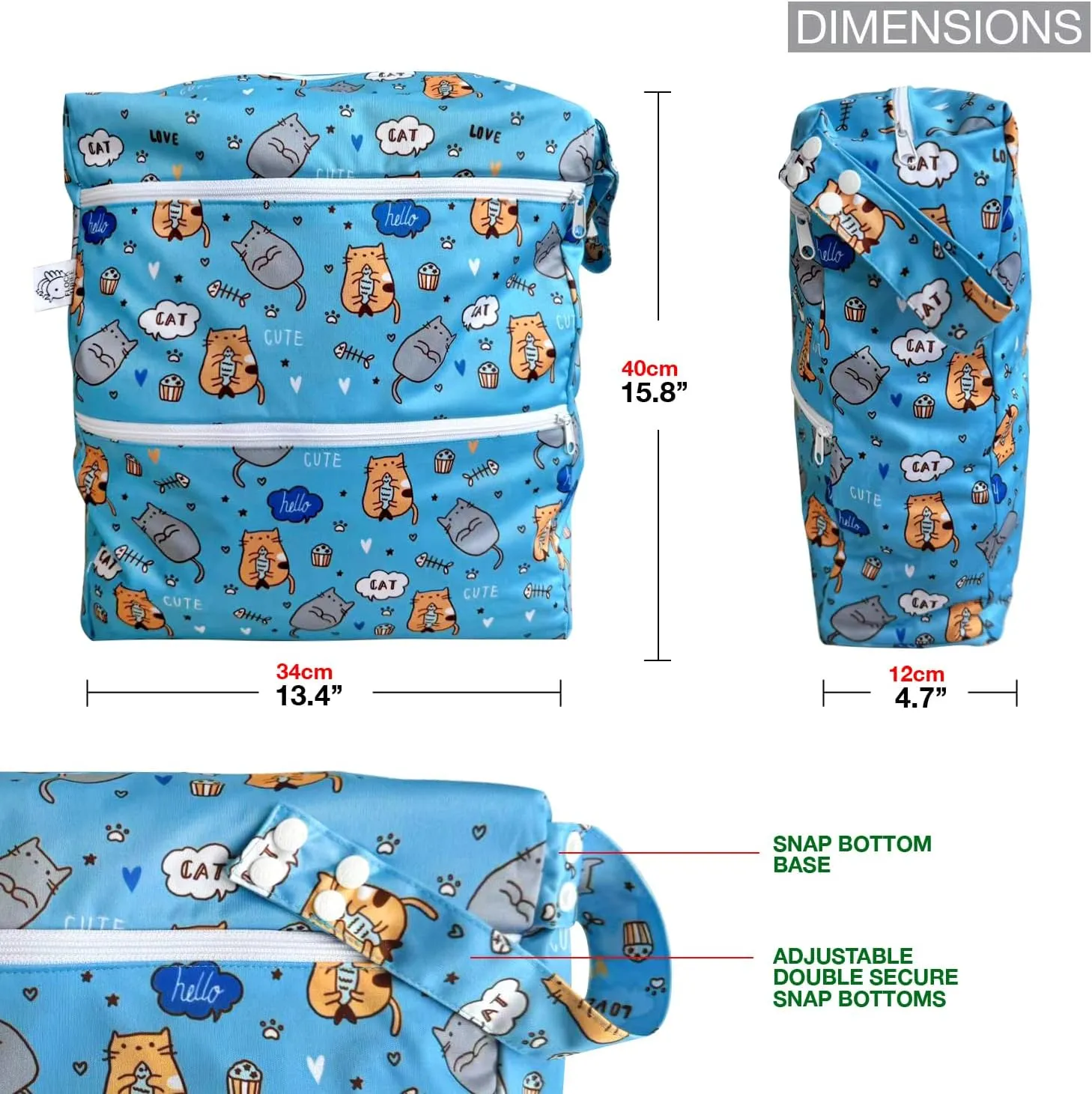FLOCK THREE 3D Waterproof and Washable Wet Bag Luggage Organiser for Travel storage Stroller Daycare Baby Diapers Yoga Beach Pool Swimsuits Luggage Packing for Travel Accessories (Cute Cats)