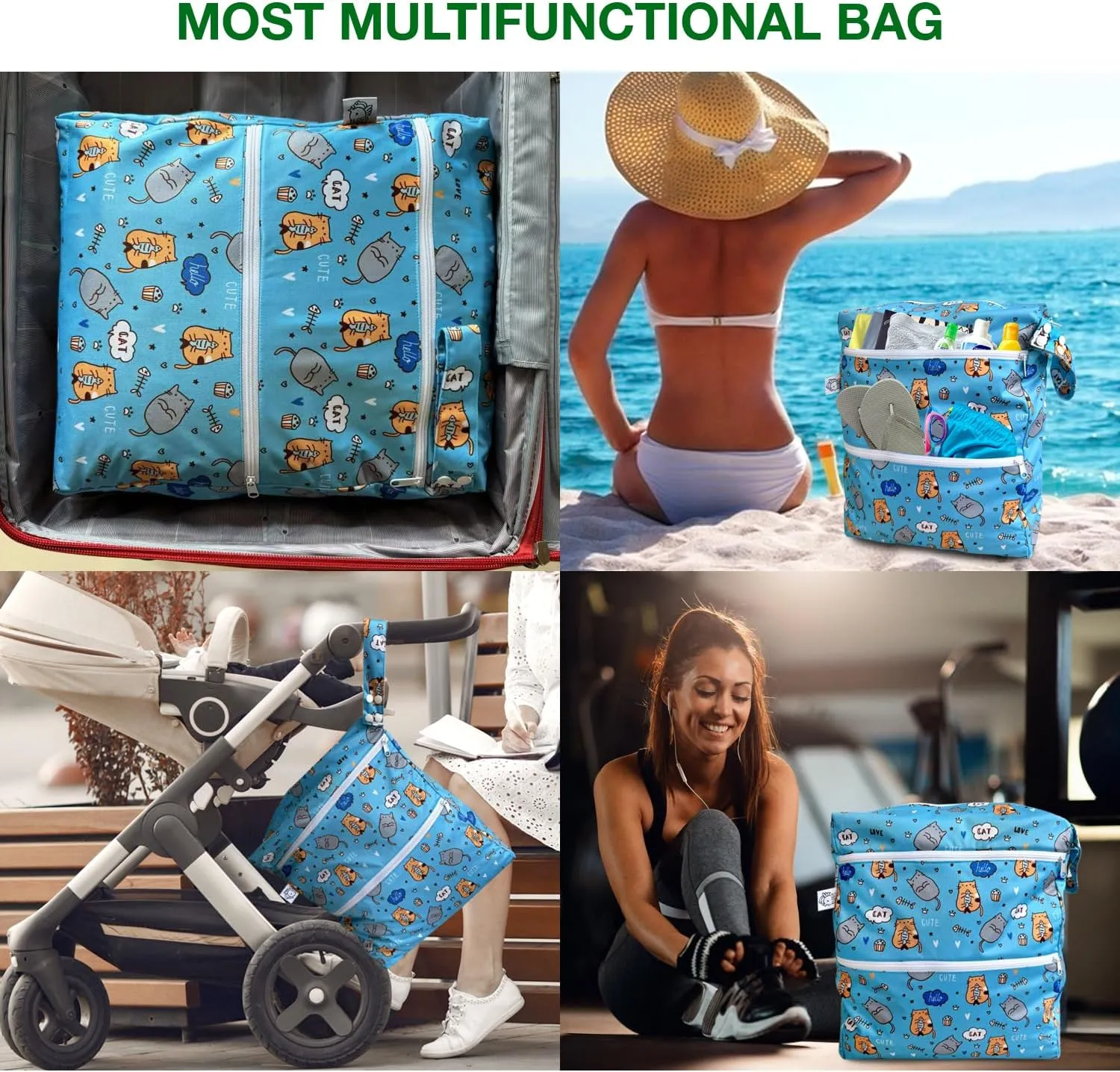 FLOCK THREE 3D Waterproof and Washable Wet Bag Luggage Organiser for Travel storage Stroller Daycare Baby Diapers Yoga Beach Pool Swimsuits Luggage Packing for Travel Accessories (Cute Cats)
