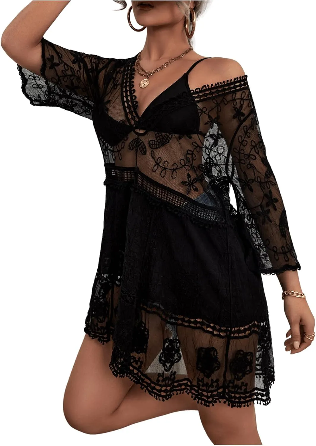 Floerns Women's Contrast Lace Plunging V Neck Bikini Cover Up Beach Dress Bathing Suit