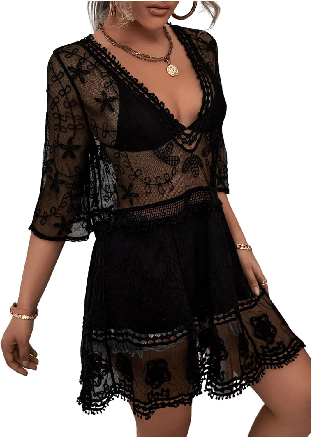 Floerns Women's Contrast Lace Plunging V Neck Bikini Cover Up Beach Dress Bathing Suit