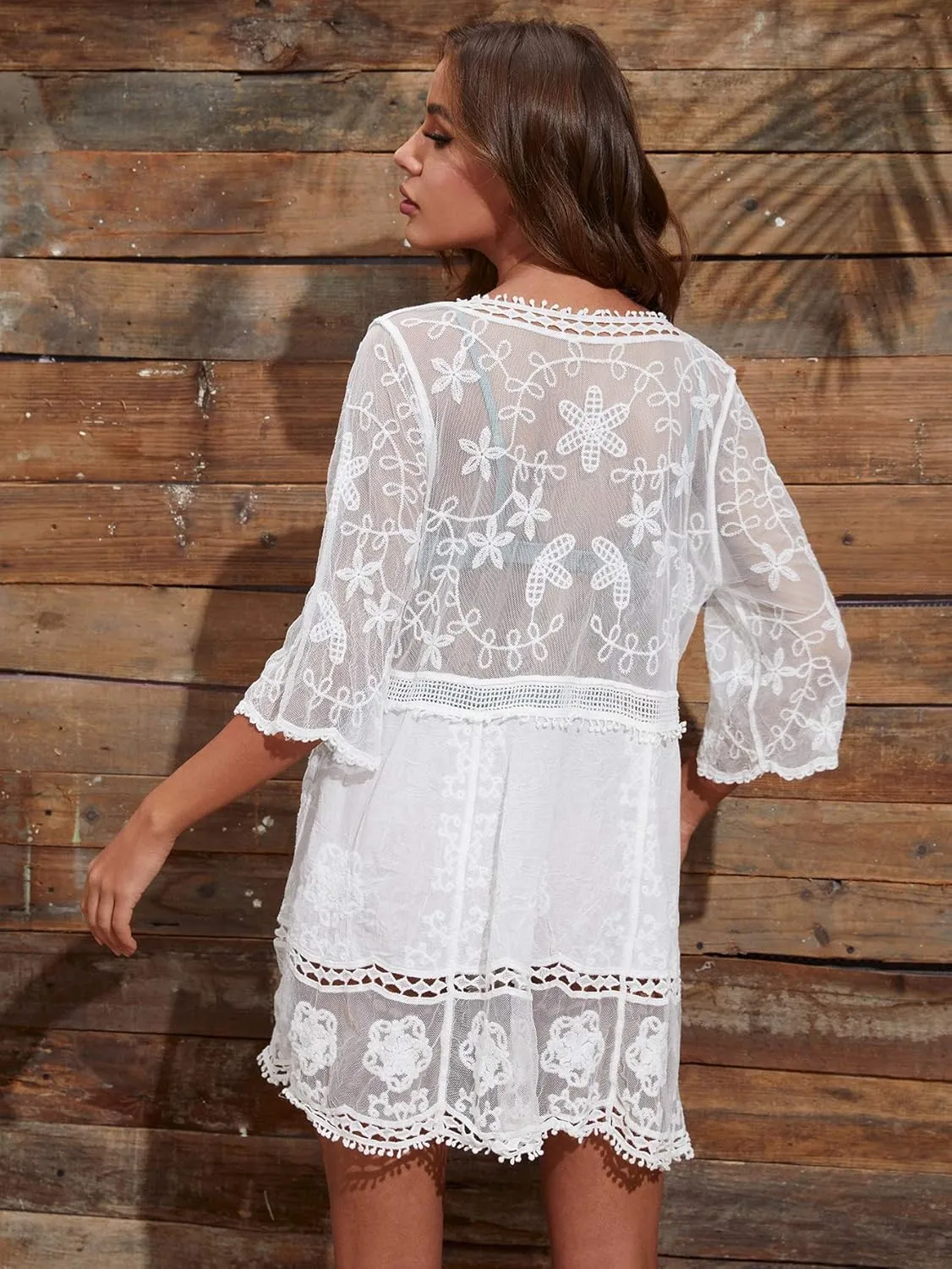 Floerns Women's Contrast Lace Plunging V Neck Bikini Cover Up Beach Dress Bathing Suit