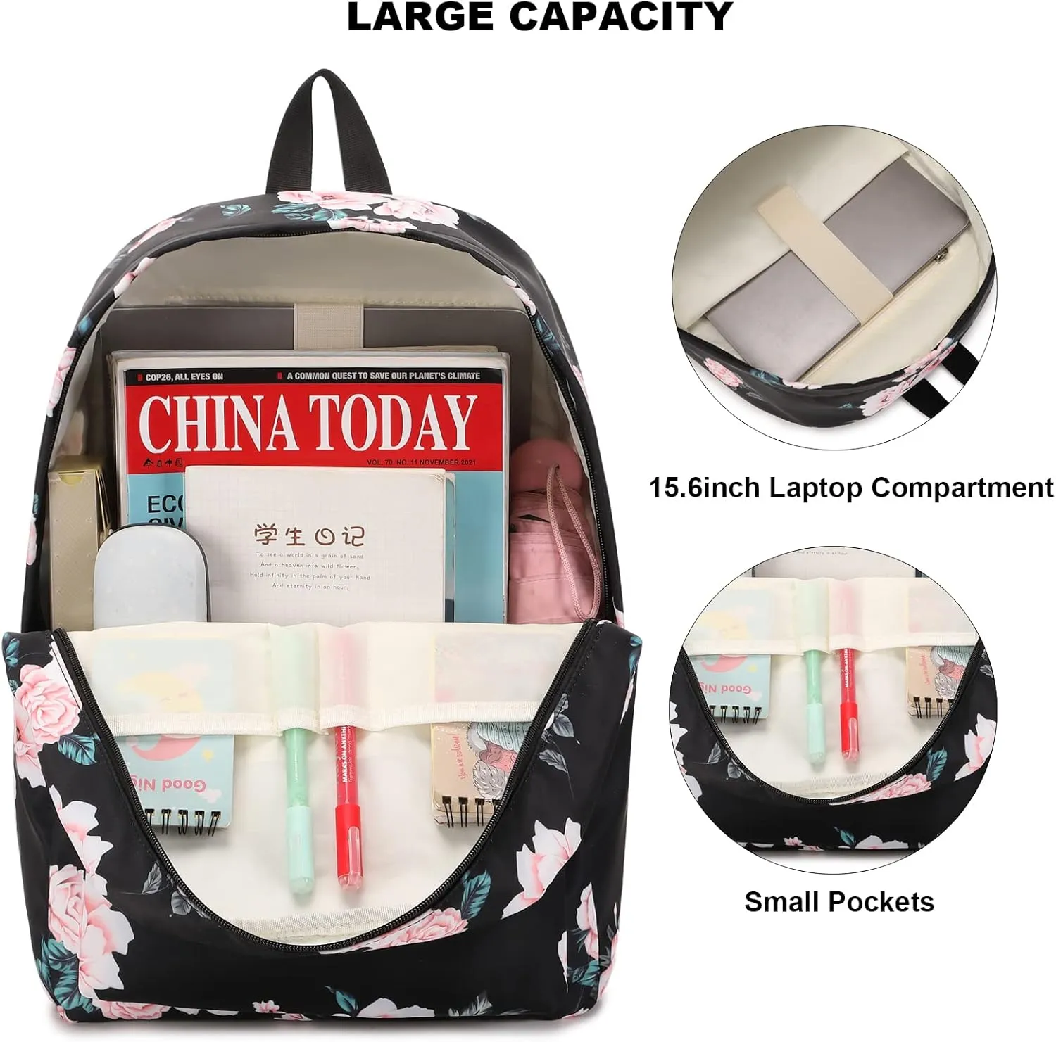 Floral School Backpack for Girls Womens, School Bags Collge Bookbags Laptop Backpacks for Kids Teens Adults