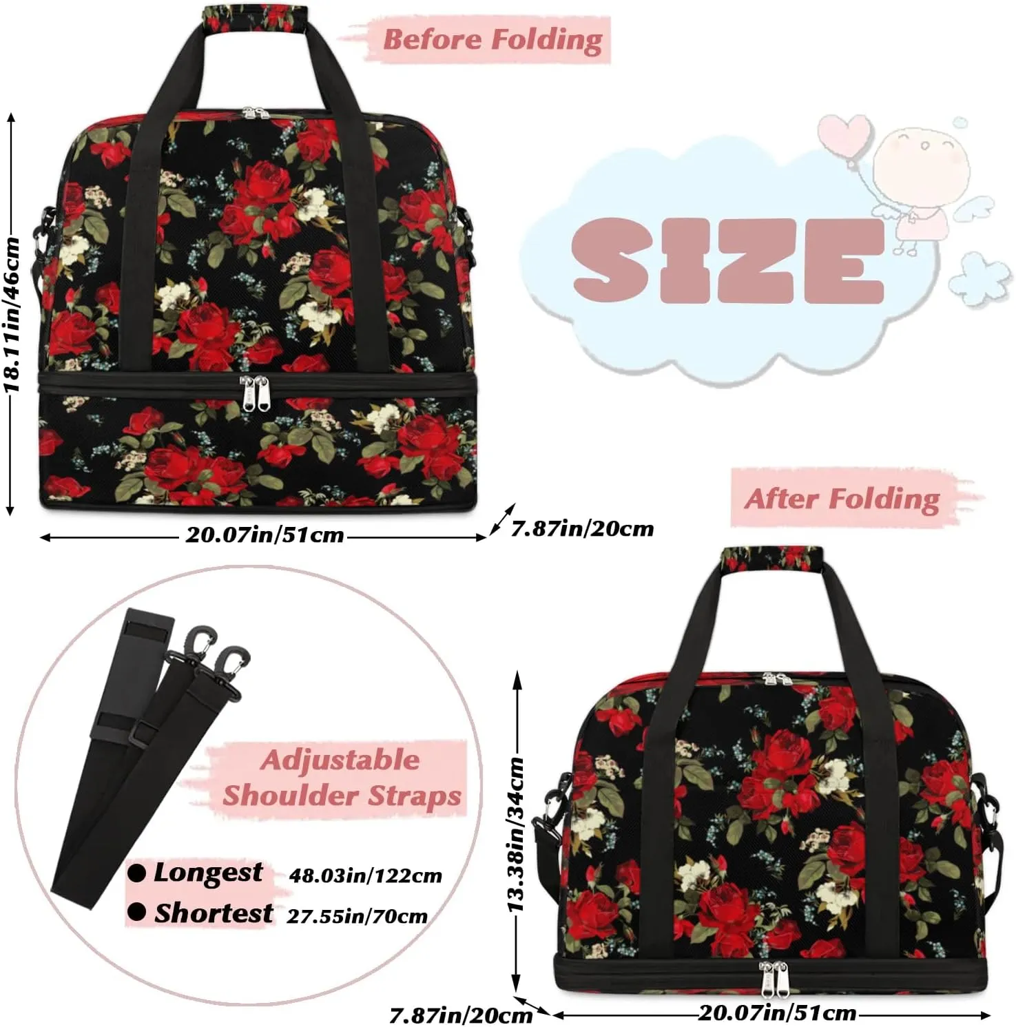 Flower Floral Petals Sports Gym Bag with Shoes Compartment Foldable Travel Duffel Bag Dry Wet Separated Sports Tote Workout Weekender Overnight Bag for Women Yoga Dance Work Training Handbag