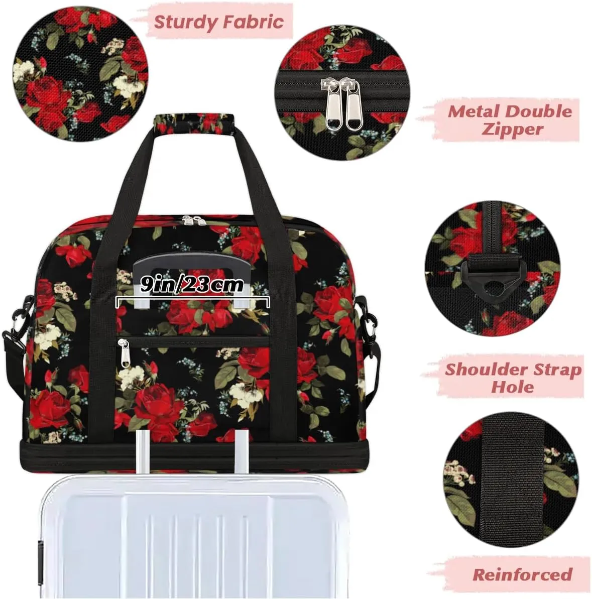Flower Floral Petals Sports Gym Bag with Shoes Compartment Foldable Travel Duffel Bag Dry Wet Separated Sports Tote Workout Weekender Overnight Bag for Women Yoga Dance Work Training Handbag