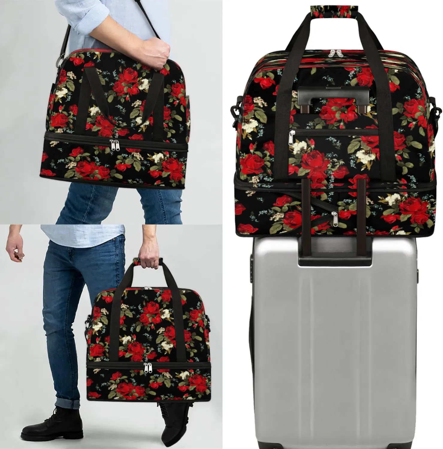 Flower Floral Petals Sports Gym Bag with Shoes Compartment Foldable Travel Duffel Bag Dry Wet Separated Sports Tote Workout Weekender Overnight Bag for Women Yoga Dance Work Training Handbag
