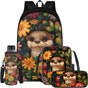 Flower Otter School Backpack for Teens Girls 17 Inch Kids Backpack and Lunch Box Set Lightweight School Supplies with Cup Sleeve for Teen Girls Efficient Storage with Scientific Partitioning