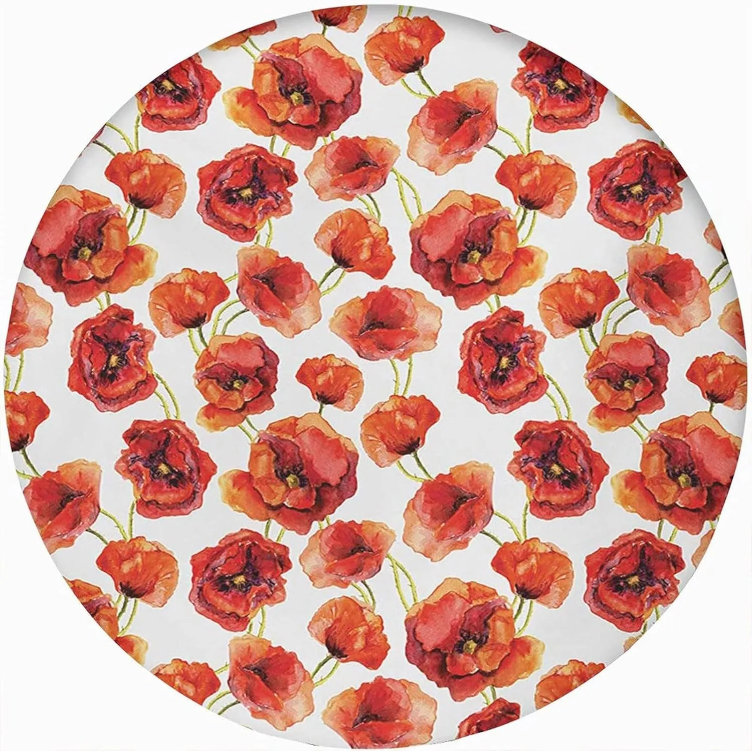 Flower Round Fitted Tablecloth,Floral Pattern Poppies Grassland Print Elastic Edged Polyester Table Pad Small Fit Round Tables Diameter for Christmas Thanksgiving Wedding Party Dining 72x72 In