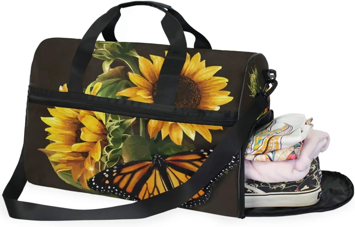 Flower Sunflower Butterfly Travel Duffel Bag for Women Men Sport Gym Bag with Shoes Compartment Overnight Weekend Bag
