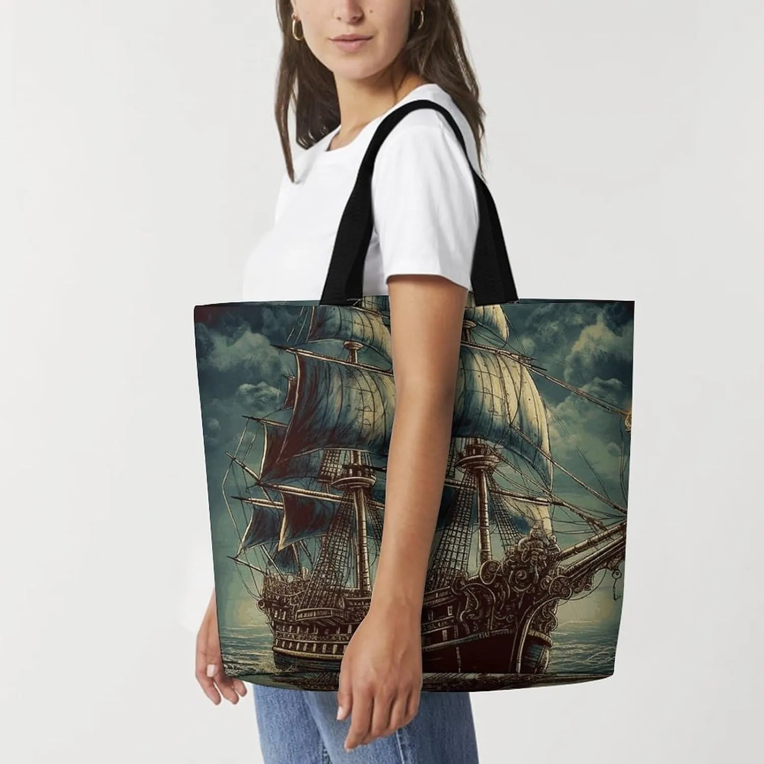 Flowers And Horses Hand Drawn Tote Bag for Women Reusable Grocery Shoulder Bag Shopping Bags for Travel, Groceries