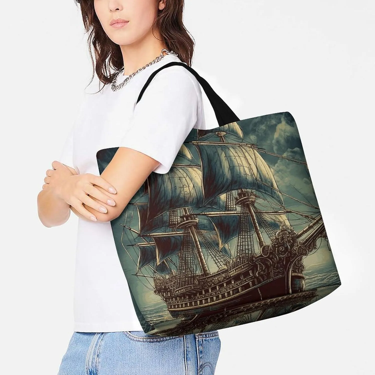 Flowers And Horses Hand Drawn Tote Bag for Women Reusable Grocery Shoulder Bag Shopping Bags for Travel, Groceries