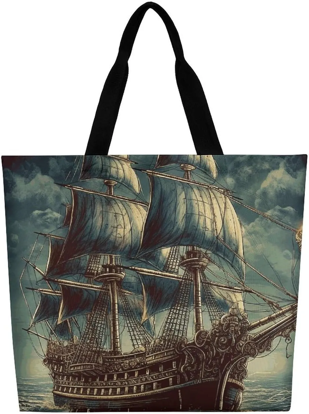 Flowers And Horses Hand Drawn Tote Bag for Women Reusable Grocery Shoulder Bag Shopping Bags for Travel, Groceries