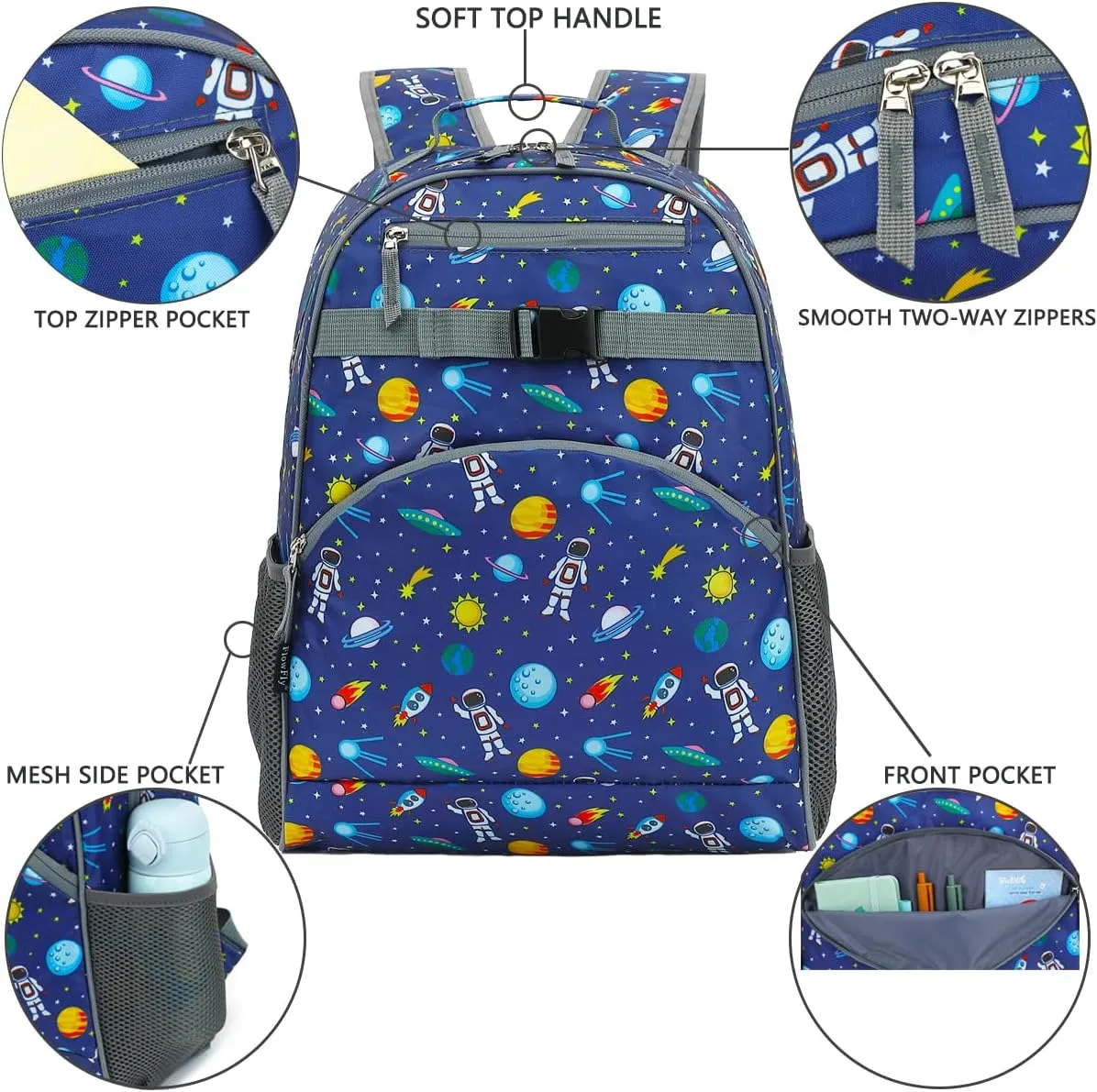 FlowFly Kids Backpack for Toddler Boys Girls, Simple Lightweight Bookbag for Daycare Kindergarten Elementary School Travel, Small Modern Bag (Large, Astronaut)