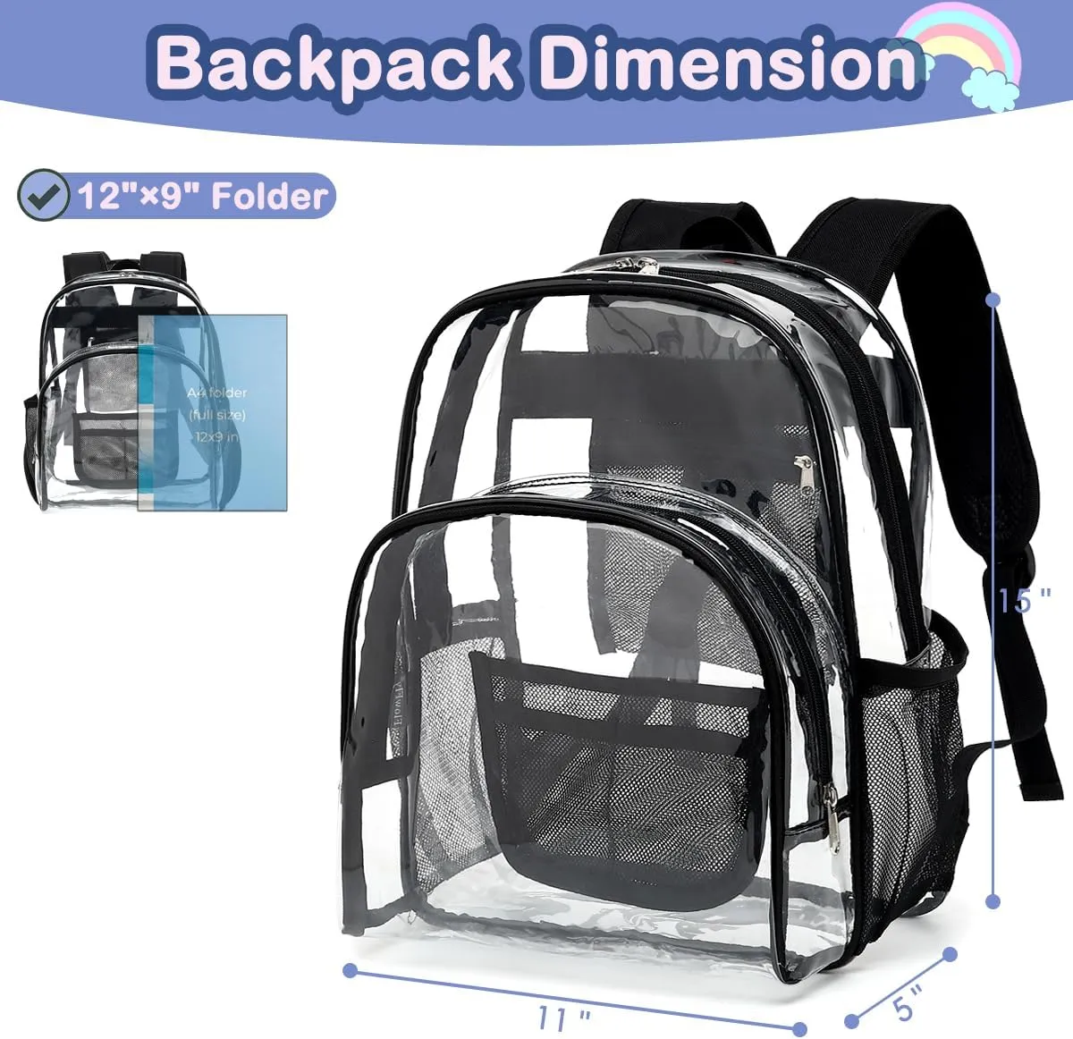 FlowFly Kids Backpack for Toddler Boys Girls, Simple Lightweight Bookbag for Daycare Kindergarten Elementary School Travel, Small Modern Bag (Medium 15''), Clear
