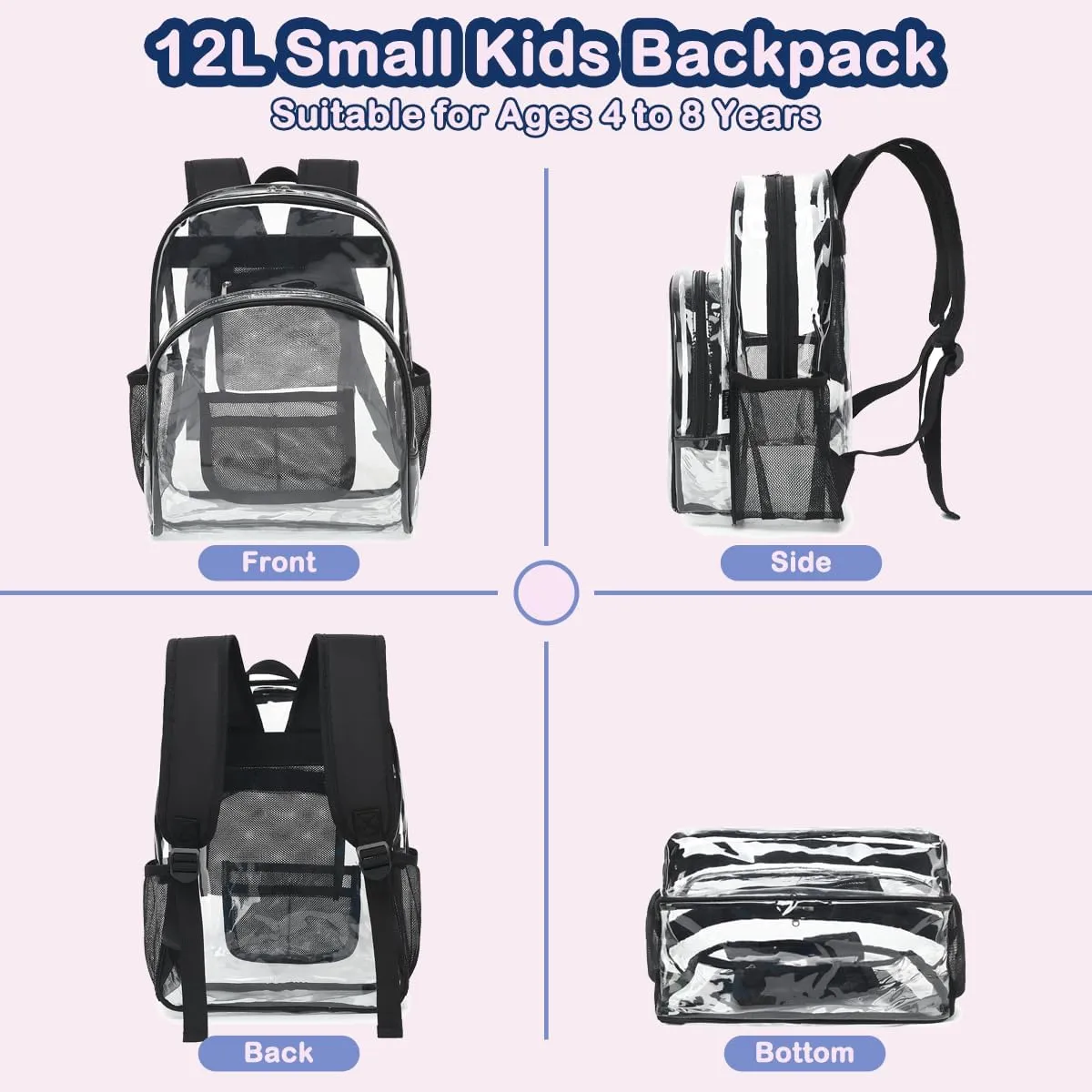 FlowFly Kids Backpack for Toddler Boys Girls, Simple Lightweight Bookbag for Daycare Kindergarten Elementary School Travel, Small Modern Bag (Medium 15''), Clear
