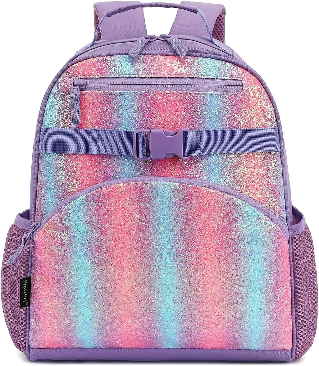 FlowFly Kids Backpack for Toddler Boys Girls, Simple Lightweight Bookbag for Daycare Kindergarten Elementary School Travel, Small Modern Bag (Medium 15''), Purple#Glitter