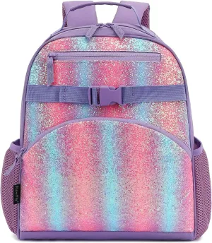 FlowFly Kids Backpack for Toddler Boys Girls, Simple Lightweight Bookbag for Daycare Kindergarten Elementary School Travel, Small Modern Bag (Medium 15''), Purple#Glitter