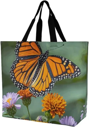 Foldable Grocery Bag Reusable Shopping Bag White Blooms Blue Butterflies Tote Bag Casual Handbags for Work Shopping