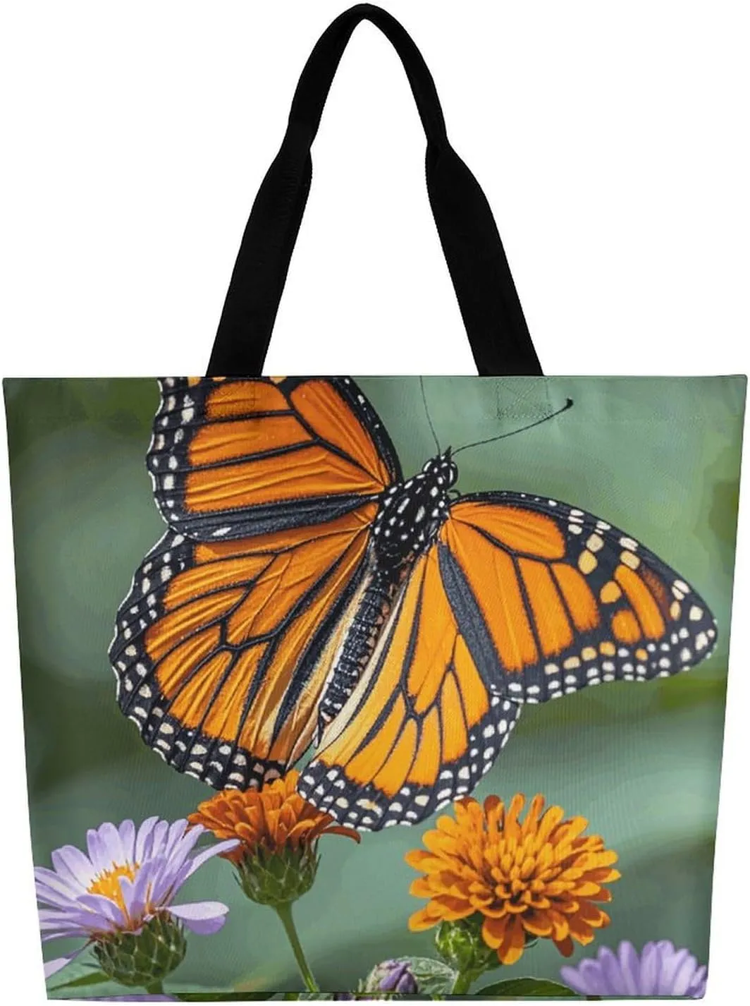 Foldable Grocery Bag Reusable Shopping Bag White Blooms Blue Butterflies Tote Bag Casual Handbags for Work Shopping