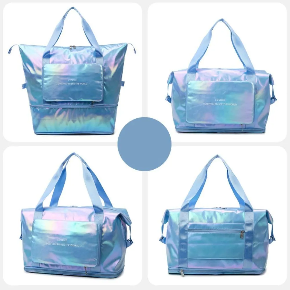Foldable Laser Sports Duffel Bag for Women - Travel, Gym & Yoga Weekender Bag with Wet Pocket & Shoe Compartment (Yellow)(Lake Blue)