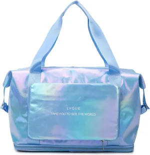 Foldable Laser Sports Duffel Bag for Women - Travel, Gym & Yoga Weekender Bag with Wet Pocket & Shoe Compartment (Yellow)(Lake Blue)