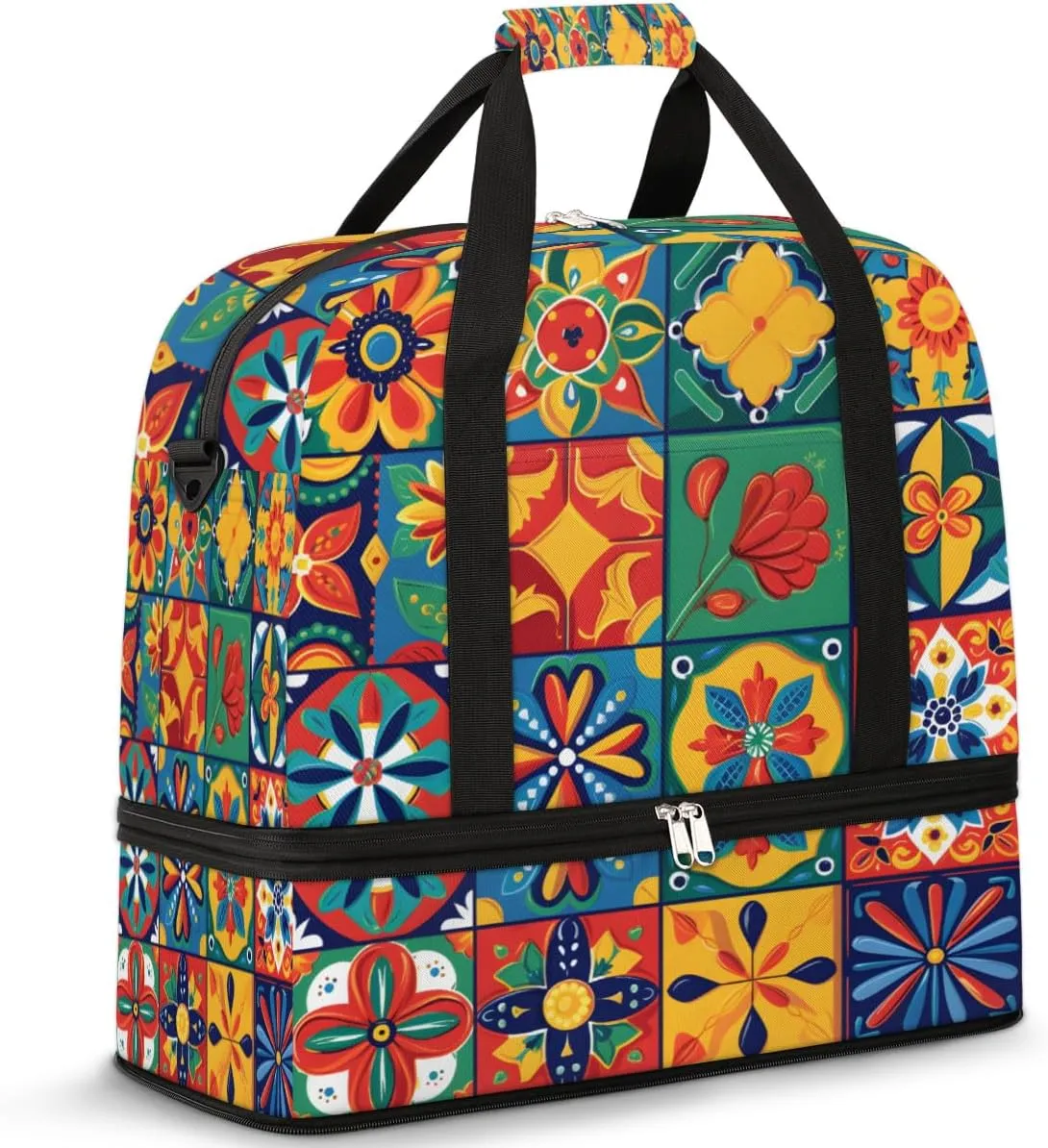 Foldable Travel Duffel Bag for Women, Overnight Weekender Bag Portugal Ethnic Flower Carry on Duffel Bag Luggage Sports Gym Tote Bag with Shoes Compartment, Water Rresistant Shoulder Bag,B745